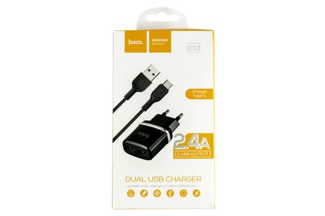 Мережевий зарядний пристрій Hoco C12 Dual USB Charger Type-C 2.4A